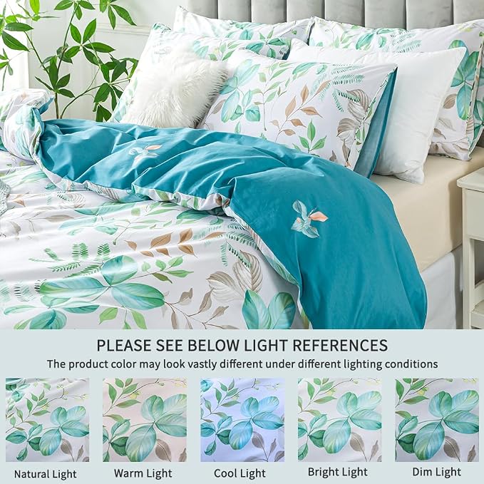 FADFAY Botanical Duvet Cover Sets King/Cal King Size 100% Cotton Teal Green - Image 3