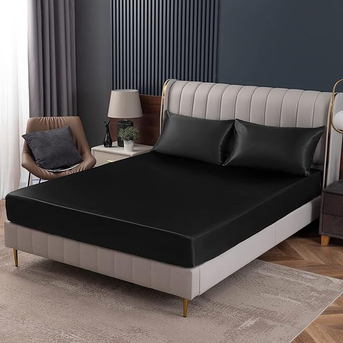 Homiest Black Satin Fitted Twin XL Size Deep Pocket Luxury & Ultra Soft Bedding by Homiest