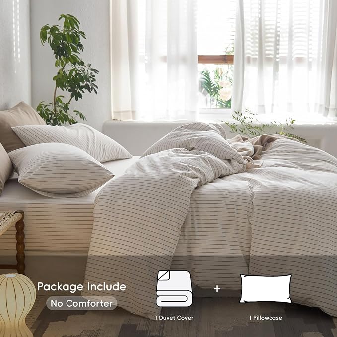 MooMee Striped Duvet Cover Set 100% Washed Cotton Linen Like Textured - Image 2