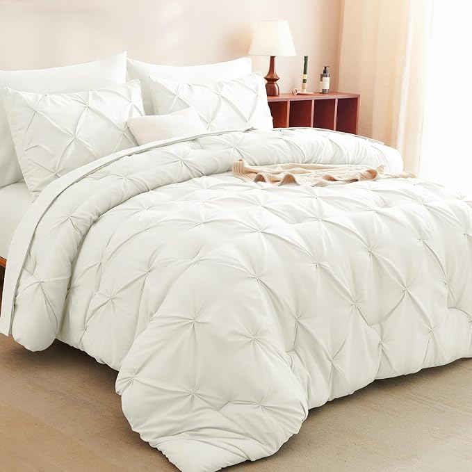 HIMEET Pintuck Bed in a Bag, 7 Pieces Queen Size Comforter Set Ivory, Luxury - Image 5