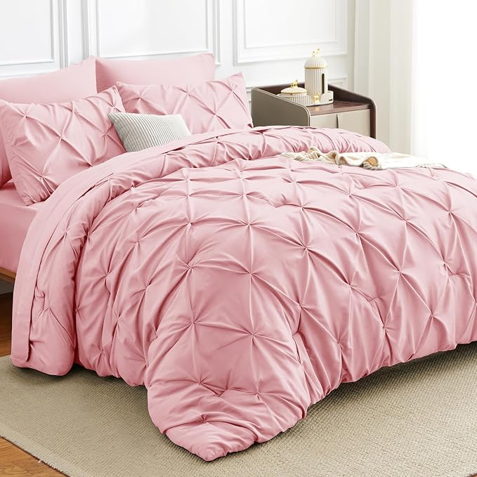 HIMEET Pintuck Bed in a Bag, 7 Pieces Full Size Comforter Set Pink, Luxury by Unknown