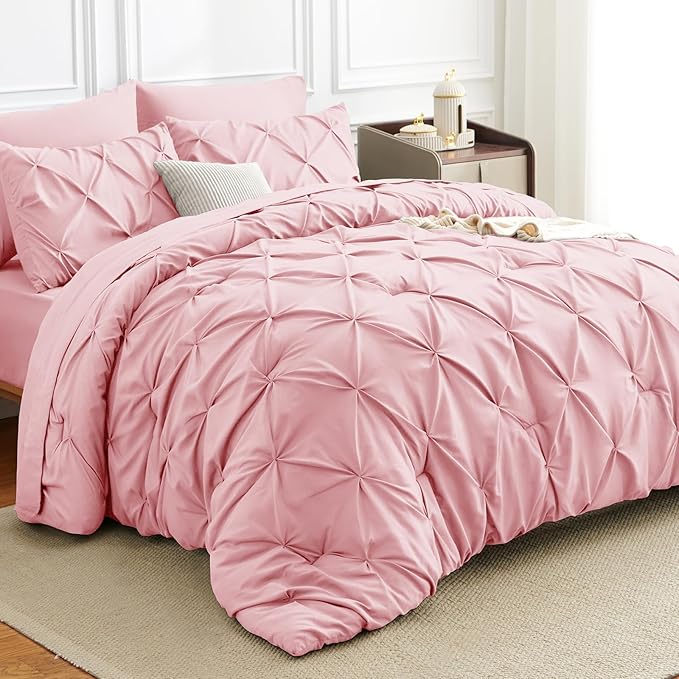 HIMEET Pintuck Bed in a Bag, 7 Pieces King Size Comforter Set Pink, Luxury by Unknown
