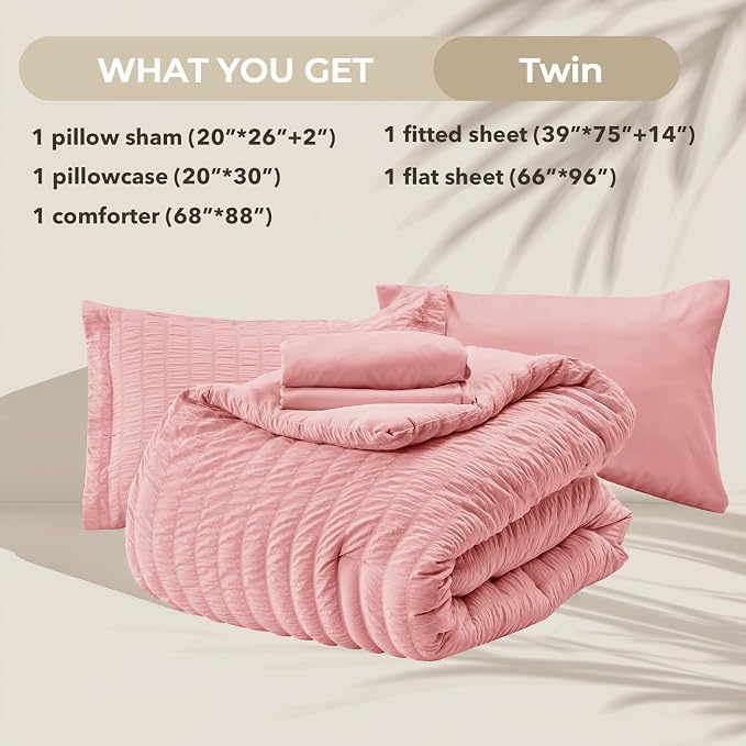 HYMOKEGE Rose Pink Twin Comforter Set Seersucker 5 Pieces, All Season Luxury - Image 5