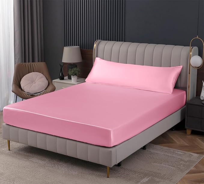 Homiest Pink Satin Fitted Sheet Queen Size, Deep Pocket, Luxury & Ultra Soft by Homiest
