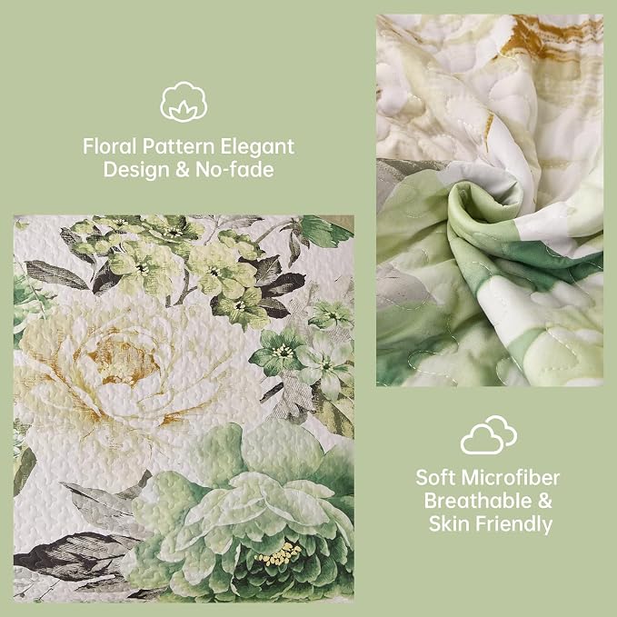 WONGS BEDDING Green Floral Quilt Set King, 3 Pieces Reversible Lightweight - Image 4