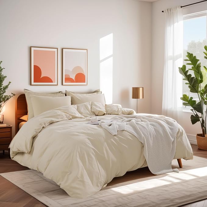 NEXHOME PRO 100% Washed Cotton Duvet Cover Super King 108"x98" Linen Look - Image 3