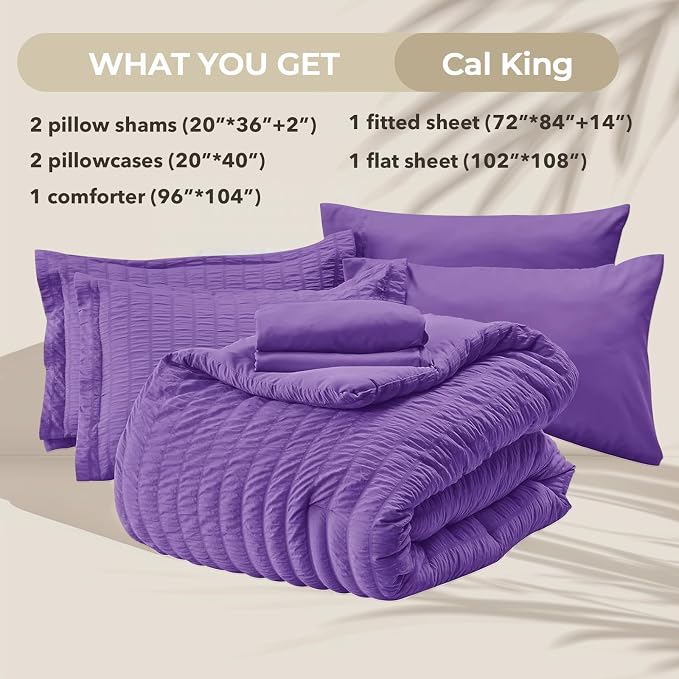 HYMOKEGE Bright Purple California King Comforter Set Seersucker 7 Pieces - Image 5