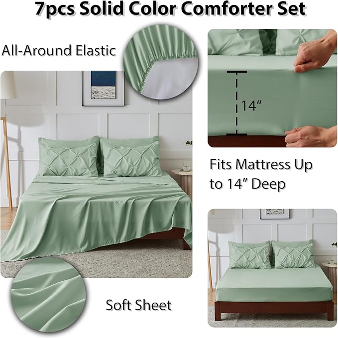 CozyLux King Size Comforter Set Sage Green, 7 Pieces Pintuck Bed in A Bag Green - Image 6