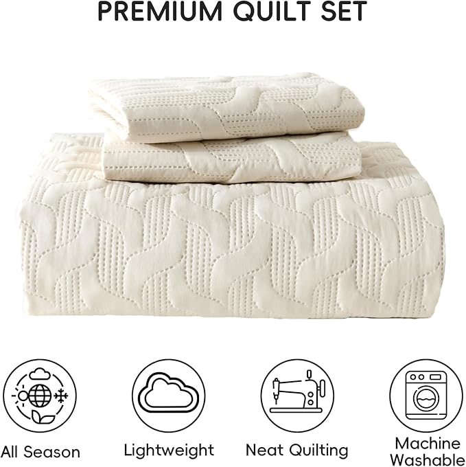 Yiran Beige Quilt Set King Size Lightweight Bedspread Ultrasonic Wave Pattern - Image 7