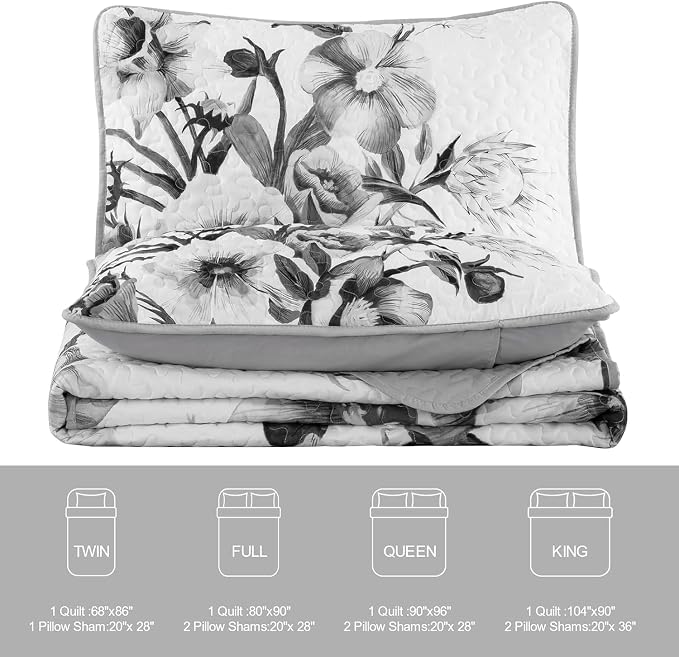 Floral Quilt Set California King 3 Pieces Grey Floral Quilt Coverlet Set Soft - Image 7