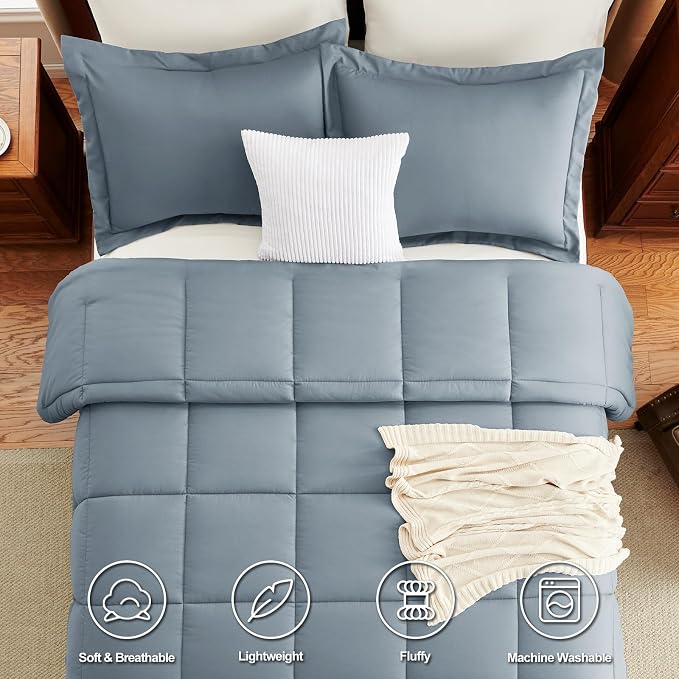 CozyLux Oversized Queen Comforter Set, 3 Pieces Grayish Blue 98x98 Box Stitched - Image 4