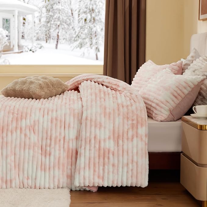 BEDELITE Fleece Queen Comforter Set -Super Soft & Warm Fluffy Pink&White Bedding - Image 4