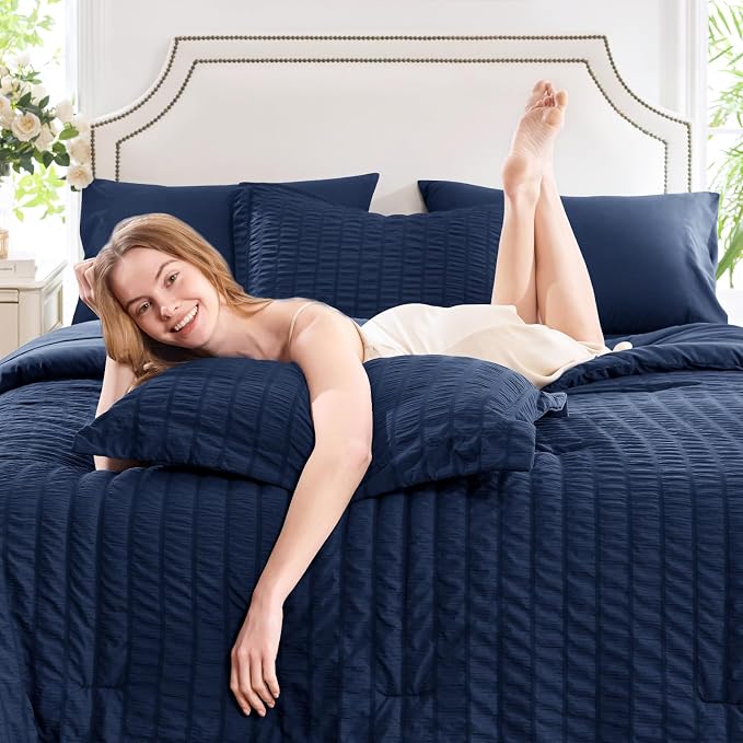 CozyLux Oversized Queen Comforter Set Navy Blue Seersucker 7 Pieces 98x98 Bed - Image 3