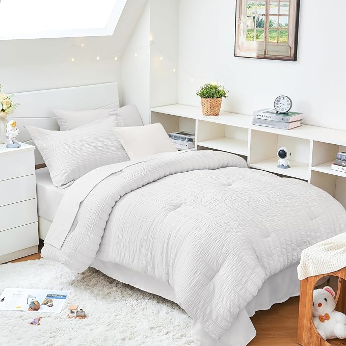 HYMOKEGE White Twin XL Comforter Set Seersucker 5 Pieces, All Season Luxury Bed by HYMOKEGE