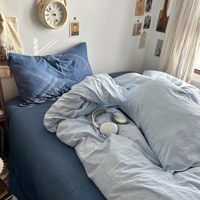 mixinni 100% Washed Cotton Duvet Cover Set King Size, Solid Light Blue Ocean - Image 8