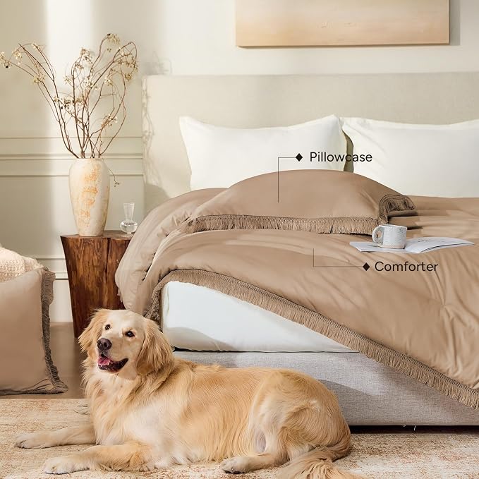 Andency Taupe Comforter Set King Size, 3 Pieces Boho Tassel Lightweight Bedding - Image 5