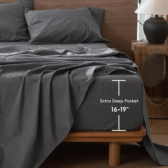 MooMee Fitted Bottom Sheet Only 100% Washed Cotton Linen Like Textured - Image 2