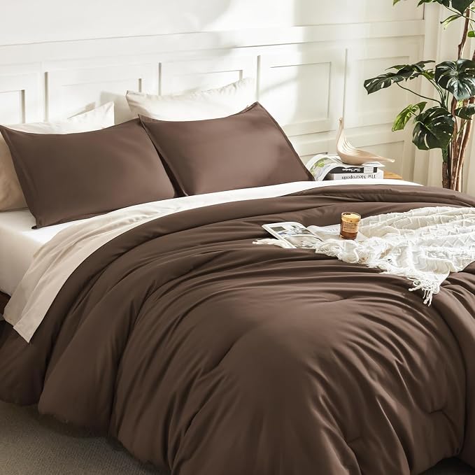 Litanika Brown Comforter Set Queen Size, 3 Pieces Lightweight Solid Bedding - Image 5