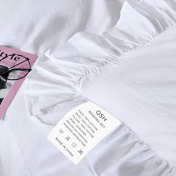 QSH White Ruffle California King Duvet Cover, Washed Cotton Farmhouse Shabby - Image 2