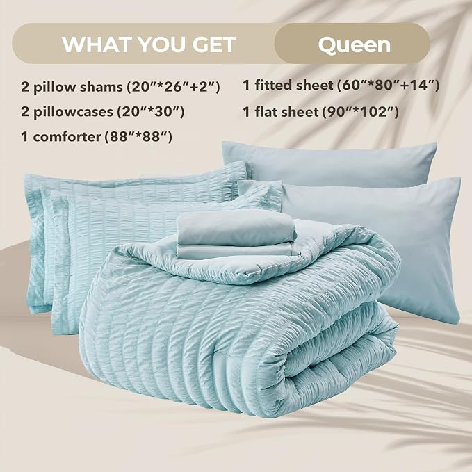HYMOKEGE Lake Blue Queen Comforter Set Seersucker 7 Pieces, All Season Luxury - Image 5