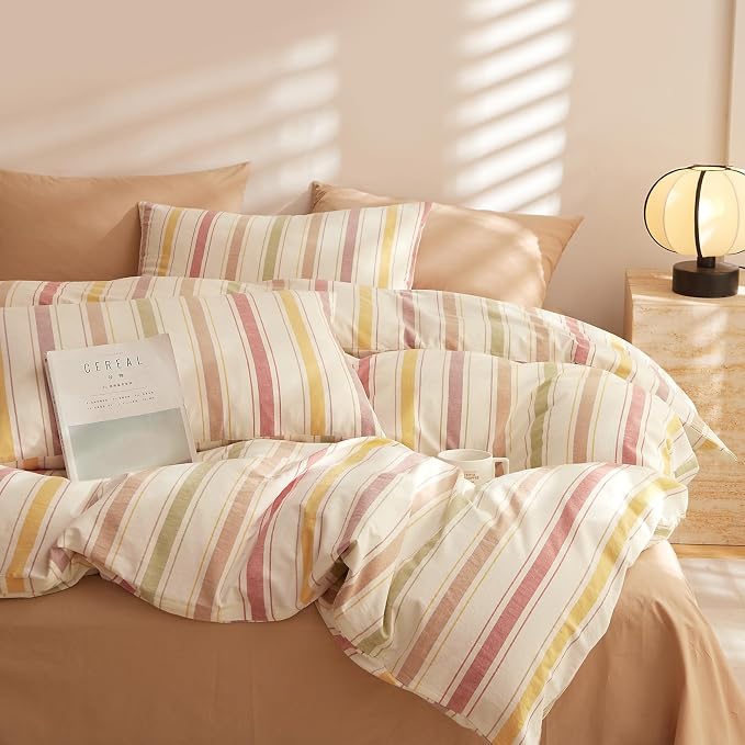 mixinni Vintage Striped Duvet Cover Set Full, 3-Piece Washed Cotton Bedding Set by mixinni