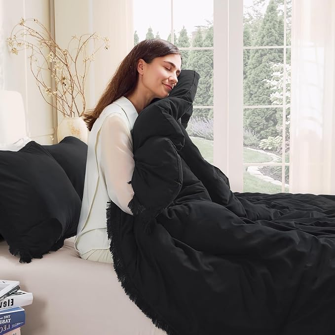 Andency Black Comforter Set King Size, 3 Pieces Boho Tassel Lightweight Bedding - Image 9