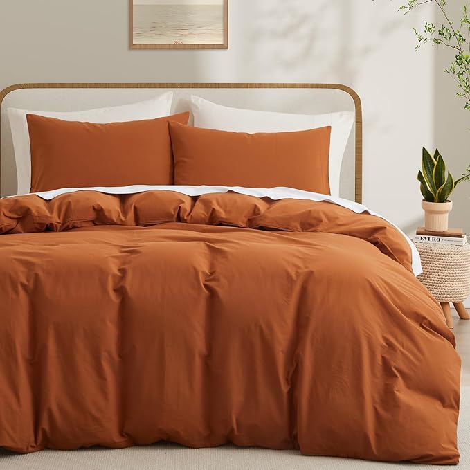 LOVQUE Burnt Orange Cotton Duvet Cover King Size, Linen Like Natural Bedding Set by LOVQUE