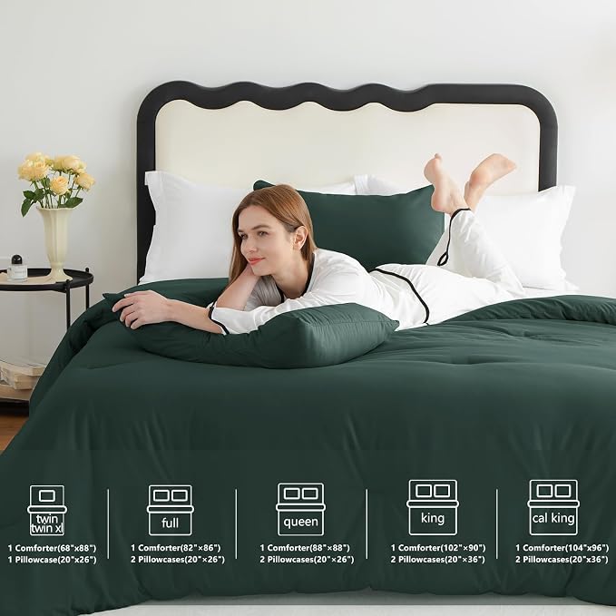 CozyLux Full Size Comforter Set Forest Green, 3 Pieces Solid Breathable Quilted - Image 7