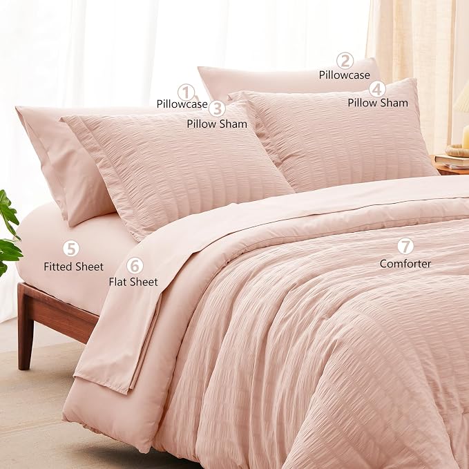 CozyLux King Size Comforter Set Blush Pink Seersucker 7 Pieces Bed in a Bag - Image 8