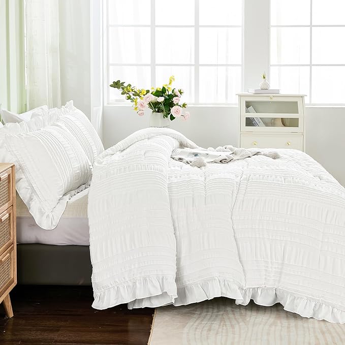 WONGS BEDDING White Comforter Set King, 3 Pieces Ruffle Farmhouse Shabby Chic - Image 3
