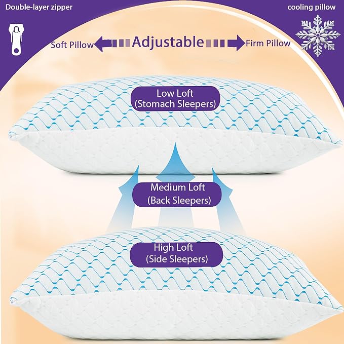 VAINOC Memory Foam Pillows King Size Set of 2, Adjustable Cooling Firm Pillow - Image 8