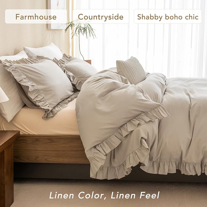 QSH Washed Cotton Duvet Cover King Ruffle Duvet Cover Linen Textured Farmhouse - Image 3