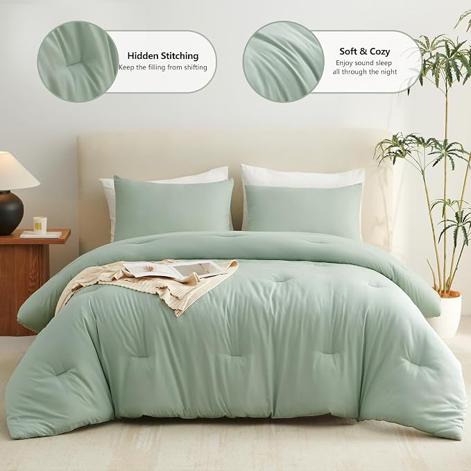 CozyLux Oversized King Comforter Set Sage Green, 3 Pieces 120x98 Solid - Image 2