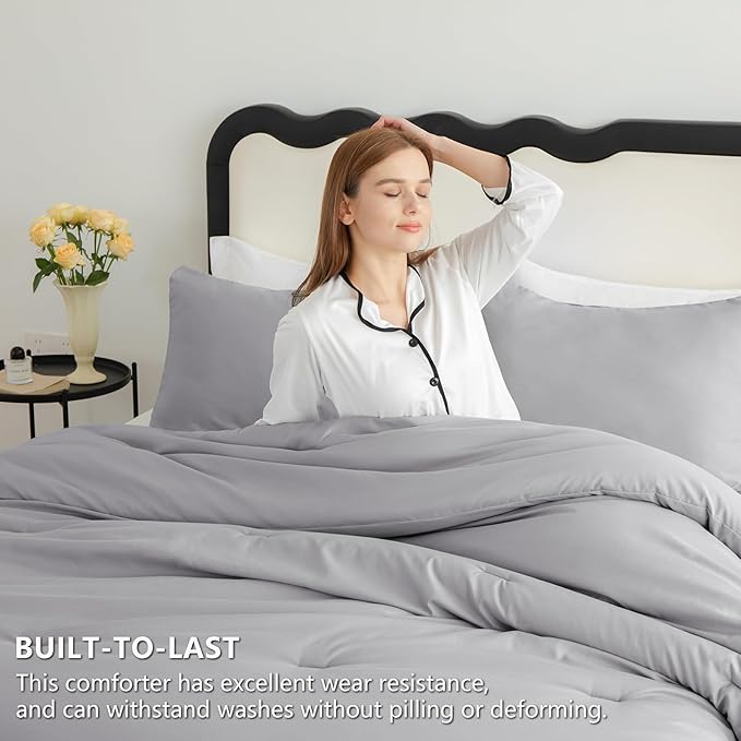 CozyLux Queen Comforter Set Grey, 3 Pieces Solid Comforters Queen Size - Image 3
