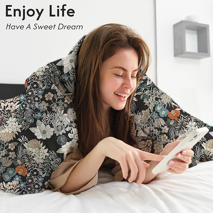 LONAVA Queen Flower 3 Pcs Duvet Cover Set, Breathable Soft Microfiber Black - Image 4