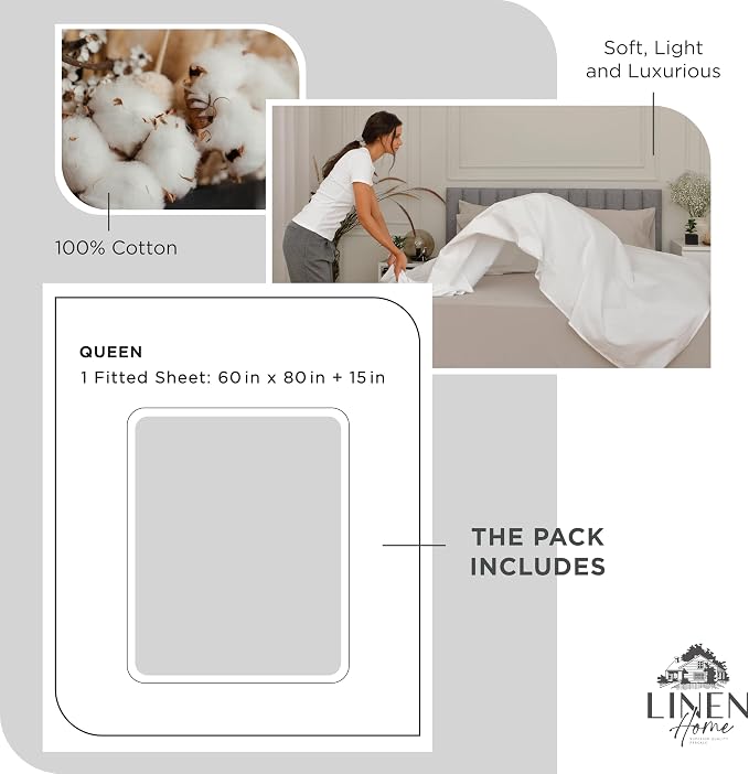 Linen Home 100% Cotton Percale Weave Fitted Sheet, Queen Size, Dove Grey - Image 6