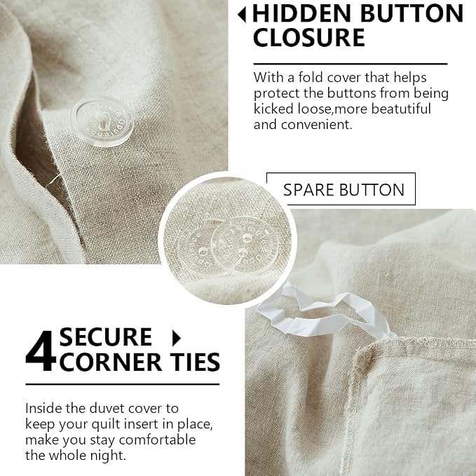 Simple&Opulence 100% Washed Linen Duvet Cover Set 5pcs Basic Style Natural - Image 3