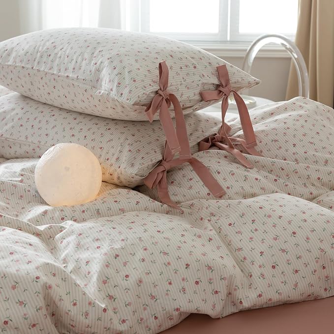 mixinni Soft Aesthetic Floral Print White Duvet Cover Pink Rose Pattern Girls - Image 3