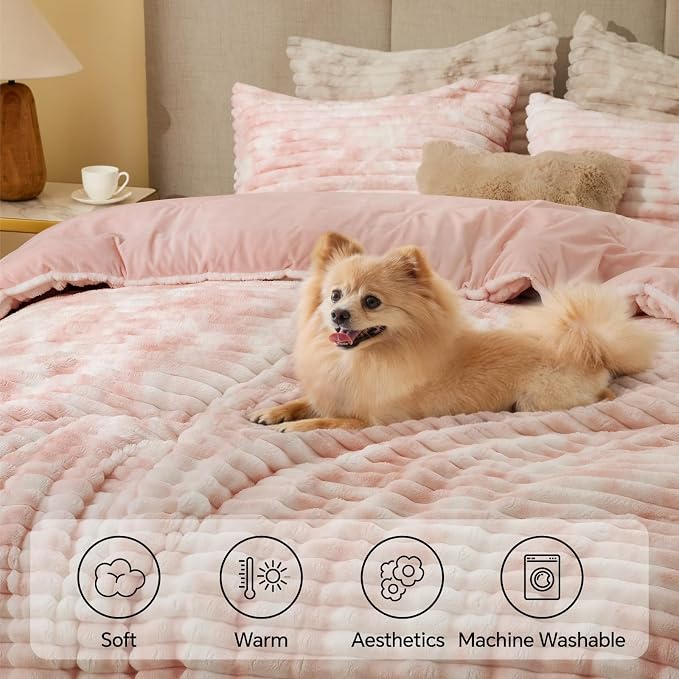 BEDELITE Fleece Full Comforter Set -Super Soft & Warm Fluffy Pink&White Bedding - Image 3