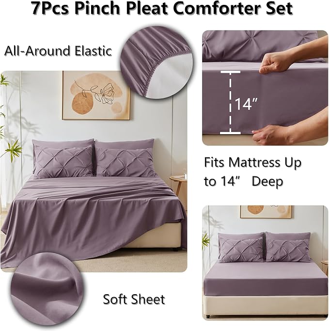 HIMEET Pintuck Bed in a Bag, 7 Pieces King Size Comforter Set Dusty Purple - Image 6