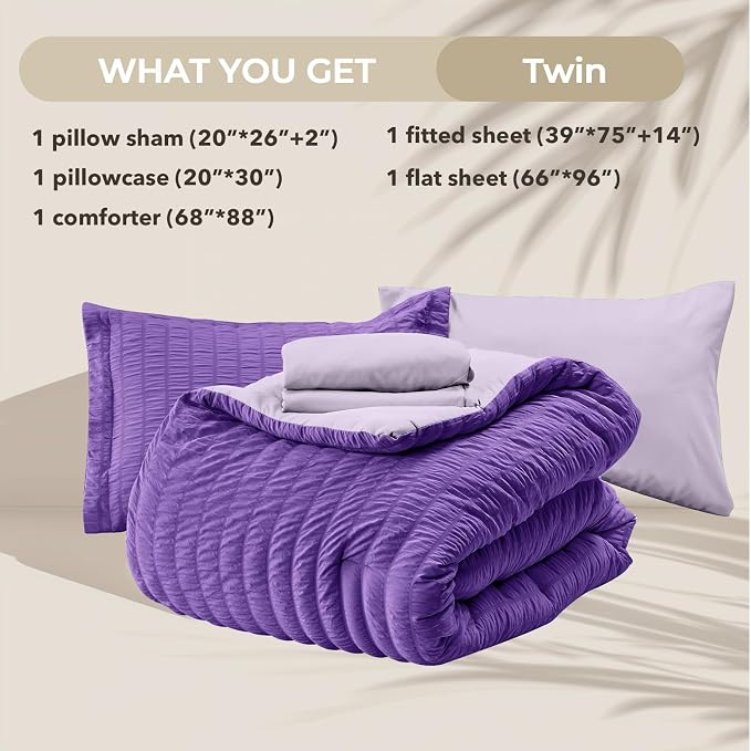 HYMOKEGE Dark Purple/Lavender Twin Comforter Set Seersucker 5 Pieces, All - Image 6