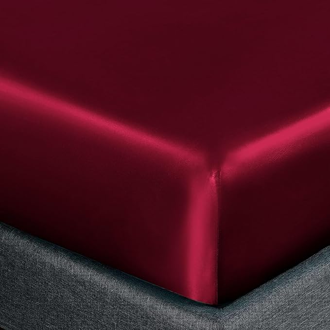 Homiest Burgundy Satin Fitted Sheet King Size, Deep Pocket, Luxury & Ultra Soft - Image 3