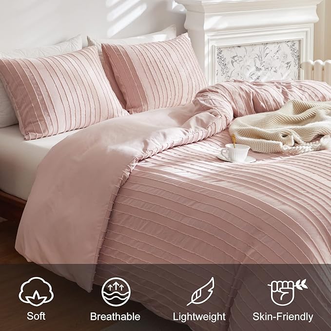 WARMDERN Pink Boho Duvet Cover King Size, Striped Textured Duvet Cover Set - Image 3