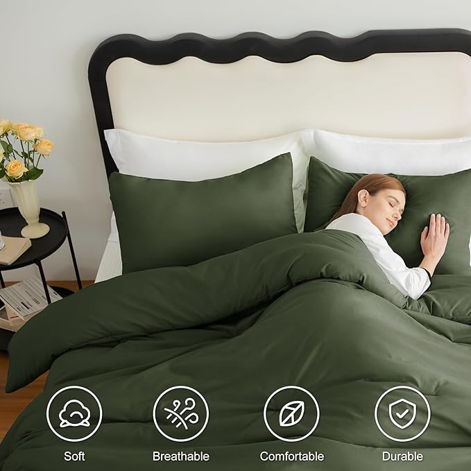 CozyLux California King Comforter Set Olive Green, 3 Pieces Cal King Solid - Image 5