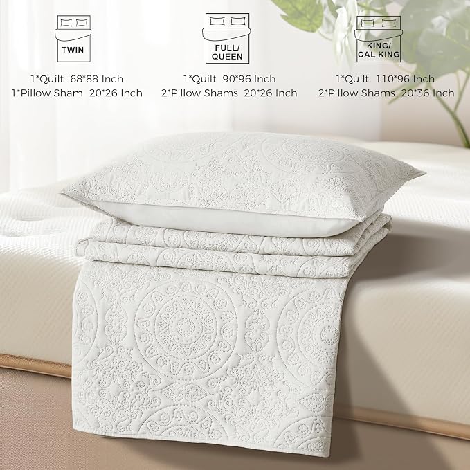 WURUIBO Cream White Quilt Set Twin Size, Embossing Microfiber Bedspreads - Image 9