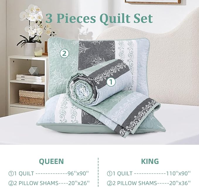 DJY Stripe Quilt Set Queen Size Sage Green Bedspread Coverlet Set 3 Pieces Boho - Image 8