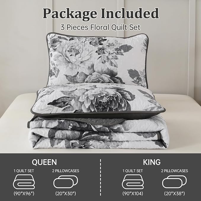 WONGS BEDDING Grey Boho Floral Quilt Set Queen, Elegant Gray Flower Bedspread - Image 8