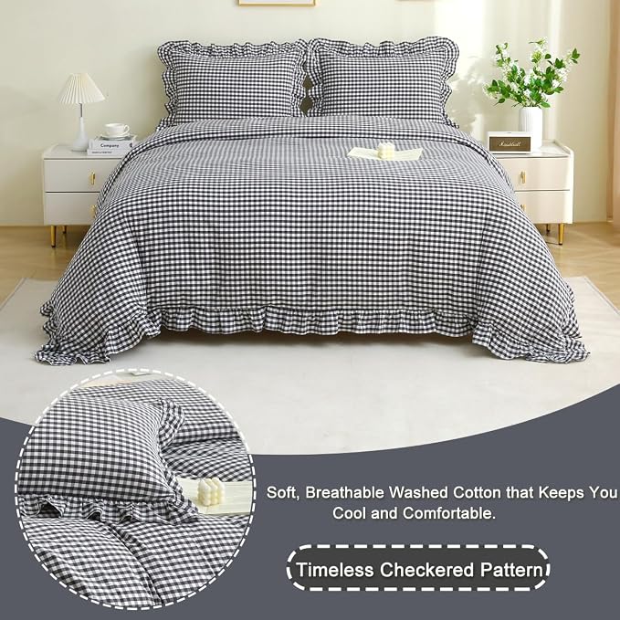 Silnuo Black/White Checkered Ruffle 3-Piece Duvet Cover Set King Size, Washed - Image 3
