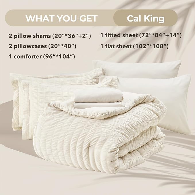 HYMOKEGE Ivory California King Comforter Set Seersucker 7 Pieces, All Season - Image 5
