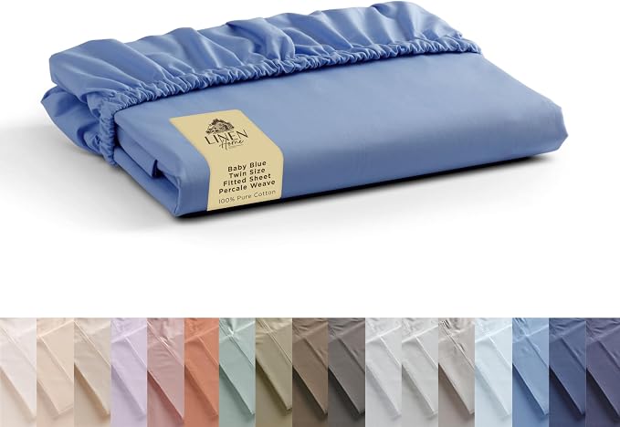 Linen Home 100% Cotton Percale Weave Fitted Sheet, Twin Size, Baby Blue by LINENHOME